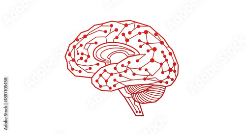 Illustration of brain icon in red outline style, showcasing cognitive function and neuroscience concepts