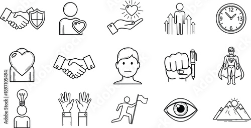 Core values hand drawn icons set, business ethics, trust, integrity, teamwork, vision, mission, success, and leadership doodle vector illustration