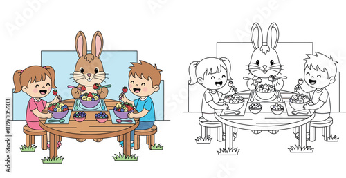 Happy children and a cute cartoon rabbit sitting at a wooden table eating bowls of fresh fruit salad, vector illustration for healthy food and Easter concepts.