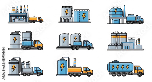 Industrial factory with tanker truck for energy production and transport.