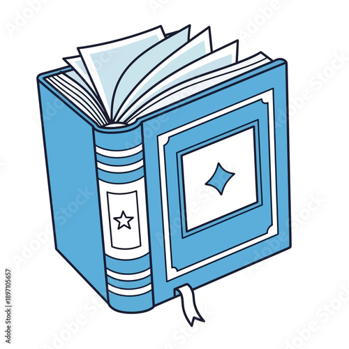 Open light blue storybook with slightly fanned pages and decorative elements illustration