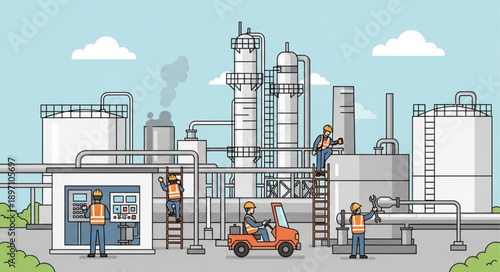 Industrial factory with workers performing maintenance tasks.