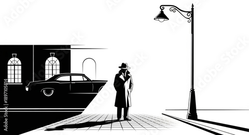 Detective standing under a street lamp at night.