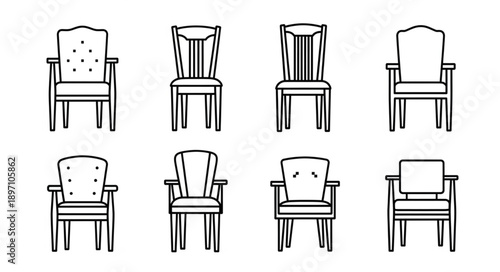 Collection of Eight Different Chair Illustrations in Outline Style.