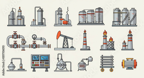 Industrial factory equipment and machinery illustration set.
