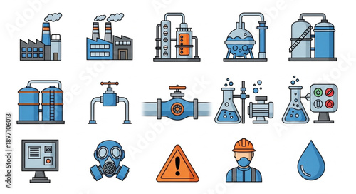 Industrial factory equipment and safety icons collection.