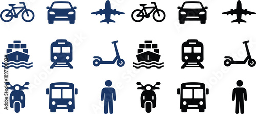 Transportation Icon Set Vector with Car Bicycle Train Plane Ship Scooter Pedestrian