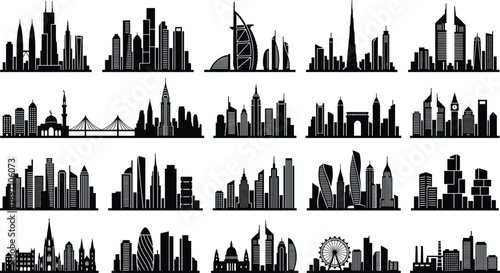World City Skyline Silhouettes Set Famous Landmarks Urban Architecture Panoramas Travel Cityscape Collection Black Vector Illustration Pack