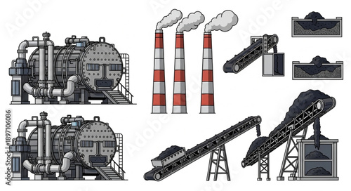 Industrial factory equipment and smokestacks illustration.