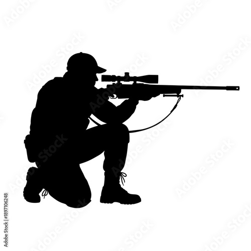 Silhouette of a Sniper Aiming Down the Scope for Precision Shooting.