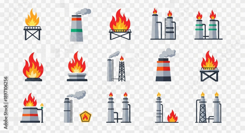 Industrial factory icons with flames and smoke.