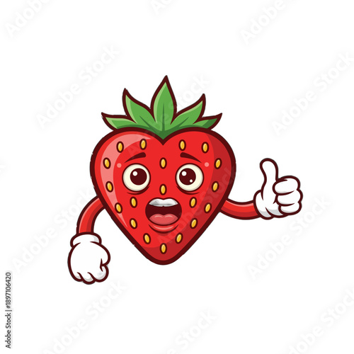 Animated heart shaped strawberry cartoon character showing shocked expression with one hand giving a big thumbs up approval gesture on transparent background