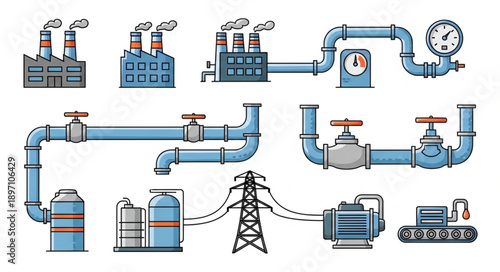 Industrial factory pipes and machinery illustration.