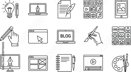 Graphic design and content creation line icons set, blogging, web development, art, digital media, and creative tools vector illustration