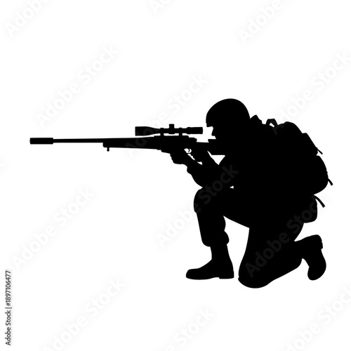 Silhouette of a soldier aiming a sniper rifle with scope for precision.