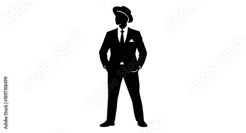 Silhouette of a man in a suit and hat standing confidently.