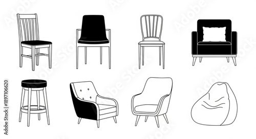 Collection of diverse chairs and seating furniture illustrations.