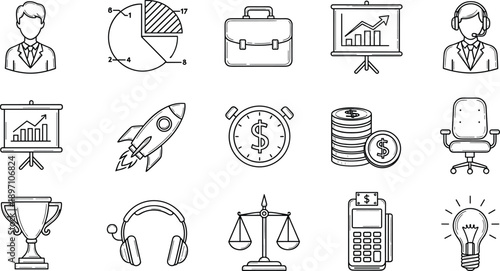 Hand drawn business icon set featuring businessman, chart, briefcase, rocket, money, trophy, headset, scales, payment terminal, and creative lightbulb idea.