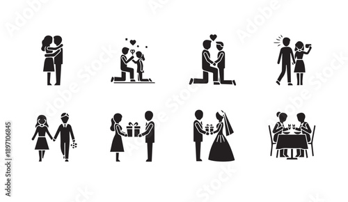Couple Silhouette Icons: Romance, Proposal, Wedding, Dating, Celebration Vector Graphics