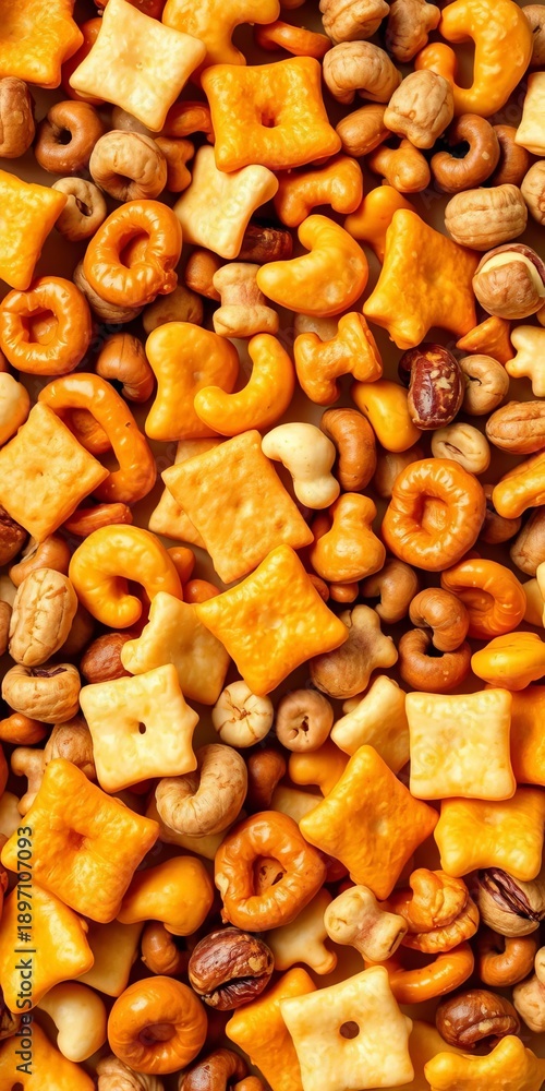 Fototapeta premium Crunchy, savory snack mix with pretzels, nuts, and cheese crackers for satisfying hunger, cheese, nuts
