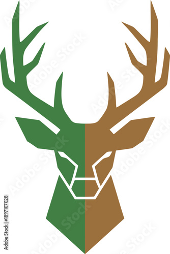 Deer head logo with antlers in green and brown