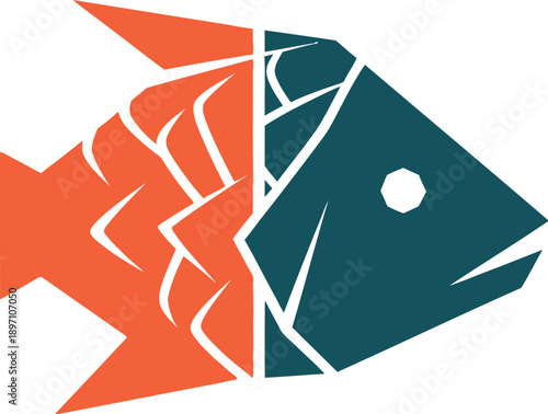 Geometric fish illustration with orange and teal colors