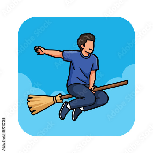 Man Flying on Broomstick Cartoon Character.