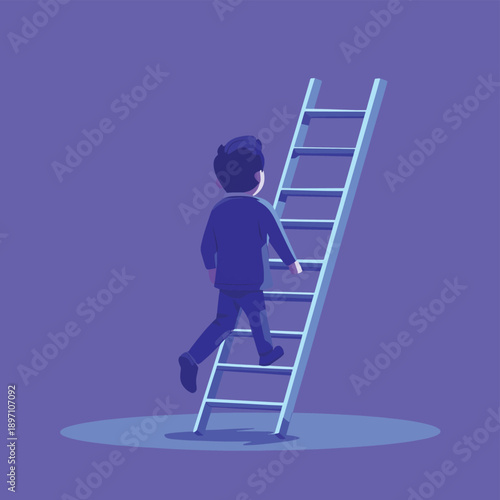 Character carries a ladder while walking on a purple background in a simple animation , vector style simple color