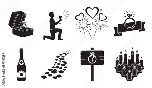 Engagement Celebration Icons: Proposal, Champagne, Fireworks, Ring, Path, Candles, Sign