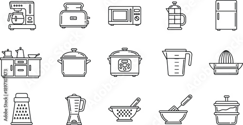 Hand drawn kitchen icons, vector appliance symbols, cooking, coffee, toaster, microwave, fridge, blender, pot, food, home, utensil, equipment, household, set.