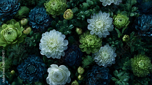 ダークグリーンのダリアの俯瞰｜シックで落ち着いたイメージ