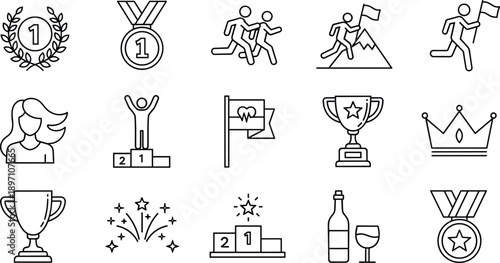 Hand drawn success icons, vector achievement symbols, trophy, medal, podium, crown, winner, race, flag, fireworks, celebration, mountain, champion, competition, sport.