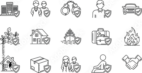 Insurance and protection line icons set, home, car, travel, life, business, safety, security, and coverage vector illustration
