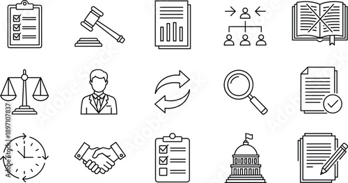 Law and government policy line icons set, legal compliance, justice, administration, checklist, document, and corporate management vector illustration