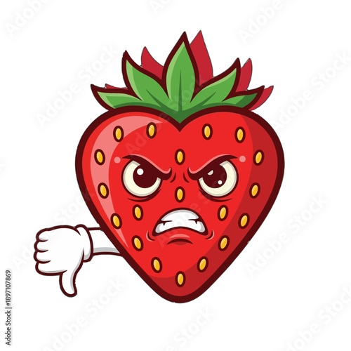 Angry cartoon strawberry mascot face showing thumbs down gesture representing dislike disapproval frustration and negative feedback on transparent background