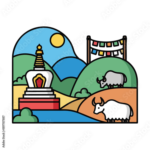 Tibetan Stupa with Yak and Prayer Flags.