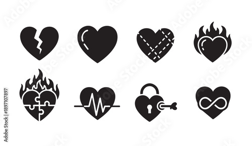 Heart Icons Vector Silhouette Set - Love, Health, Relationships, Infinity, Lock