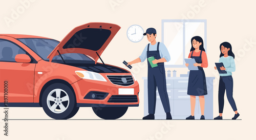 Mechanic inspects orange car with open hood, two women look on