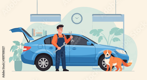 Mechanic with tools and dog beside a blue car in a garage