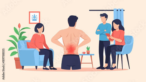 Medical consultation for back pain in a modern waiting room