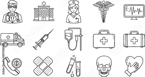 Medical and healthcare doodle icons set, doctor, nurse, hospital, ambulance, syringe, first aid, emergency, and clinical treatment vector illustration