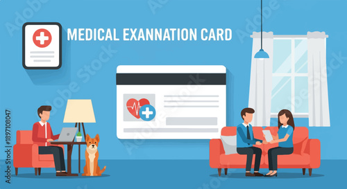 Medical examination card illustration with people, dog, and home elements