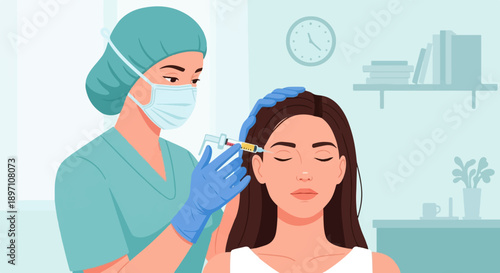 Medical professional administers cosmetic injection to patient's temple area