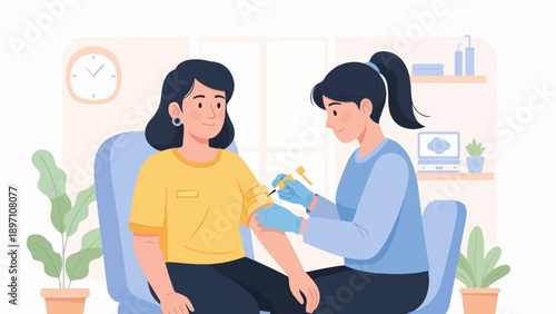 Medical professional administers injection to seated patient in clinic room