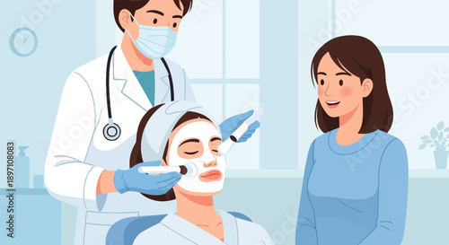 Medical professional applies facial treatment to client with companion watching