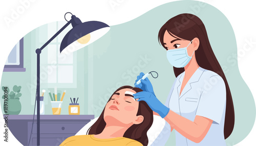 Medical professional performs cosmetic eyebrow procedure on relaxed patient