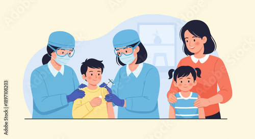 Medical professionals vaccinate children while a parent observes with another child