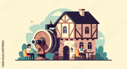 Medieval inspired building with two individuals engaged in learning and work