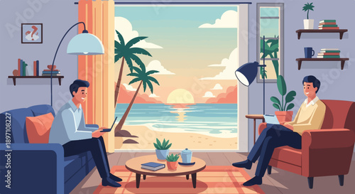 Men working remotely from home with a beach sunset view
