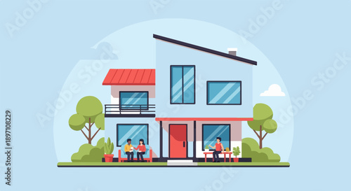 Modern flat-design house with people relaxing outdoors on a blue sky background